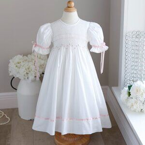 Strasburg Dress Smocked White with Pink Trim Size 4 Special Occassion Portrait